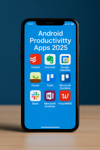 A digital photograph showing Android smartphones with productivity apps on the screen