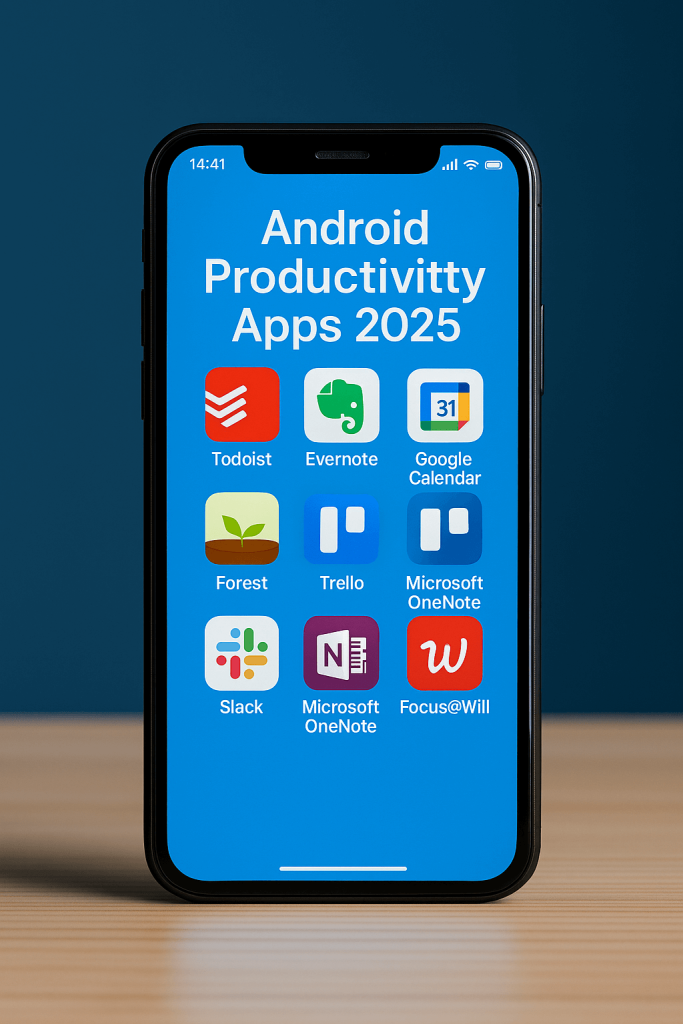 A digital photograph showing Android smartphones with productivity apps on the screen